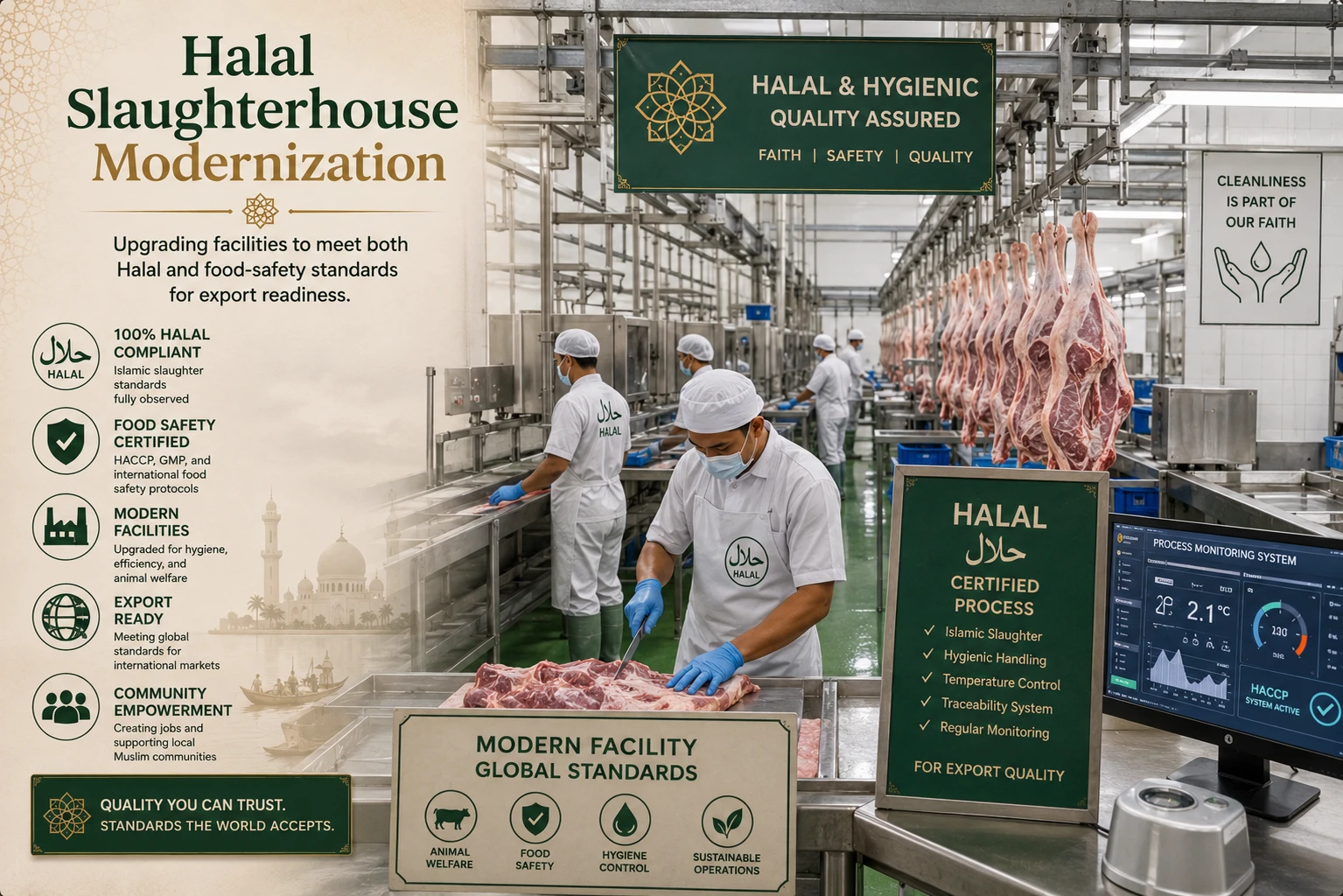 Halal slaughterhouse modernization — AI-generated illustration